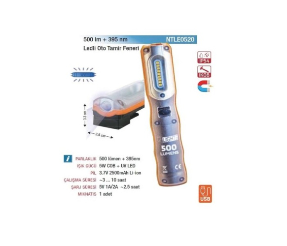 Nt Lights NTLE0520 500 Lümen + UV395 Nm Şarjlı Mıknatıslı Oto Tamir Feneri Led Lamba - 1
